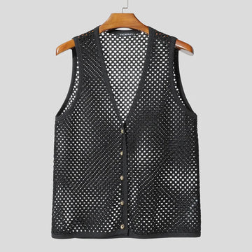 AIDASE  -  Mesh Men Tank Tops Sleeveless Sexy Tops Tee Summer V Neck Buttons Tops Streetwear Vests Oversize S-3XL Men's Clothing aidase-shop